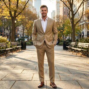 New 2026 Mens 2pc Sharkskin Khaki Suit Set, Slim Fit